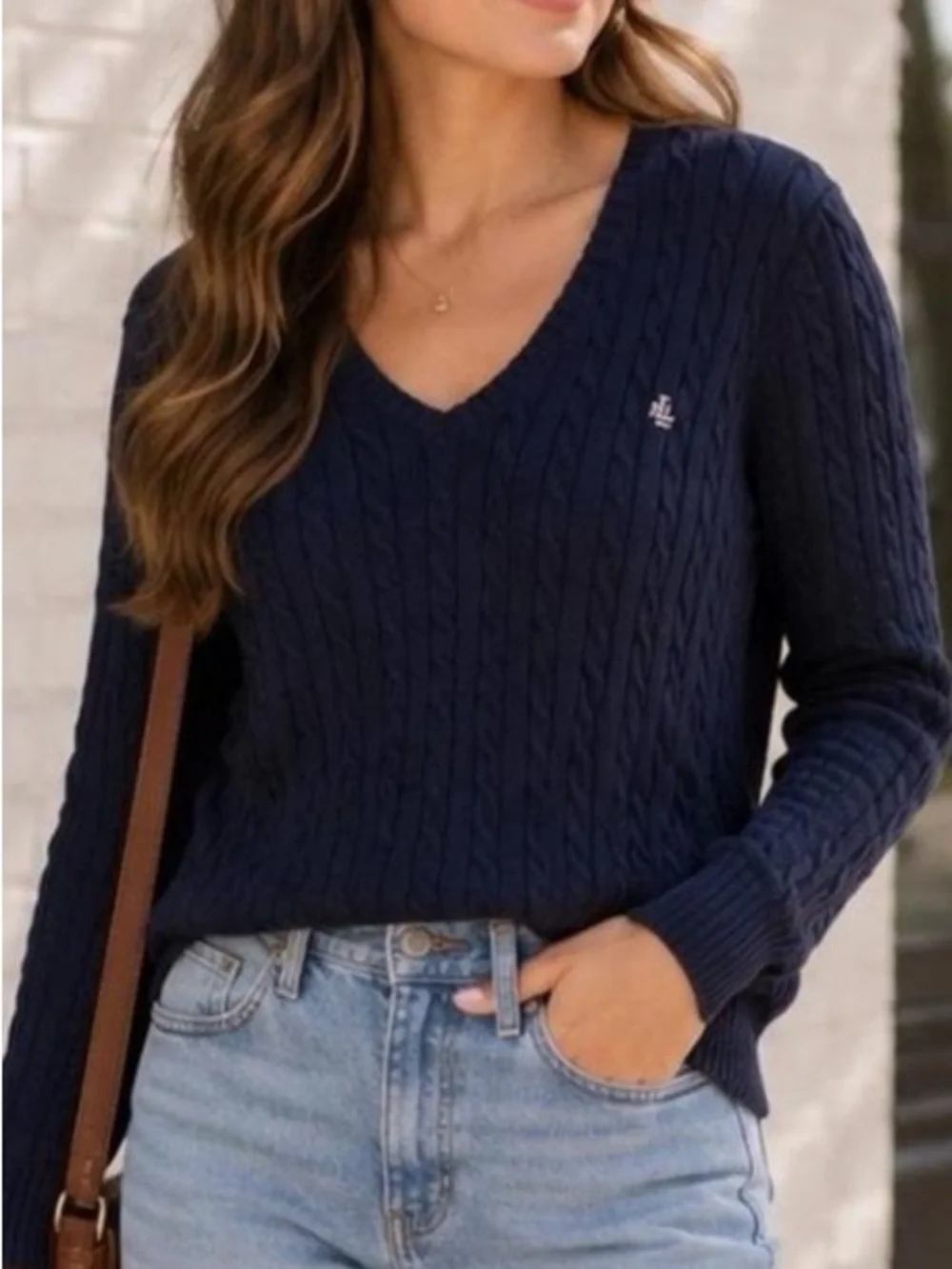 Lauren Ralph Lauren Navy Blue V-Neck Cable Knit Cotton Sweater XL - Picture 9 of 9